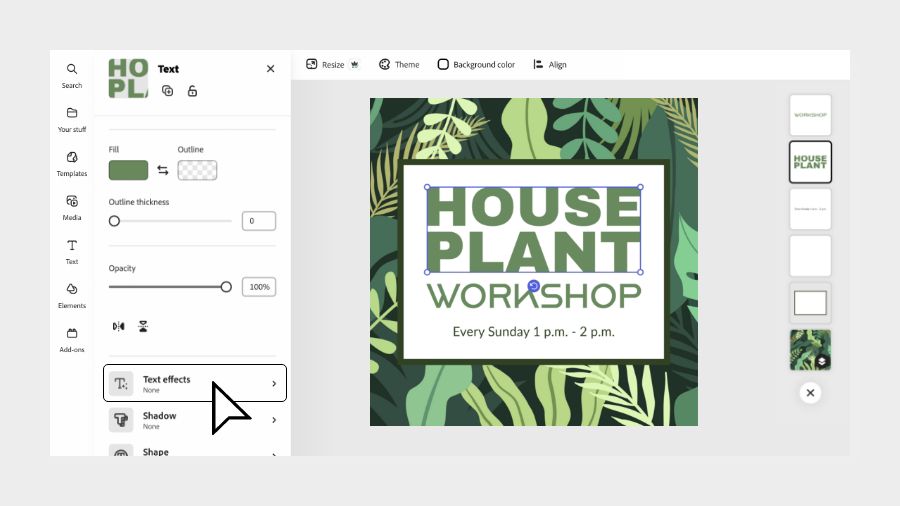 Text Effects button is selected at the bottom of the Edit panel in Adobe Express