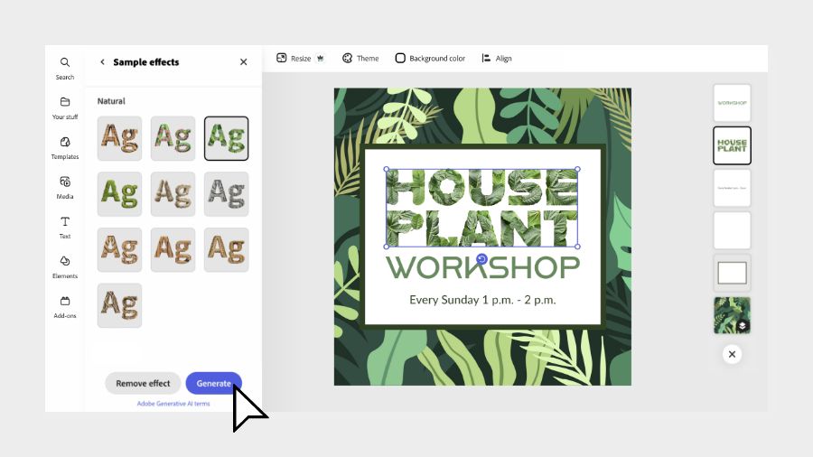 The Generate button is selected in Adobe Express to apply Text Effects
