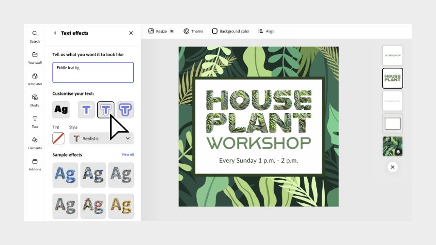 The edit panel displays the Font and the Tight, Medium, and Loose options in Adobe Express