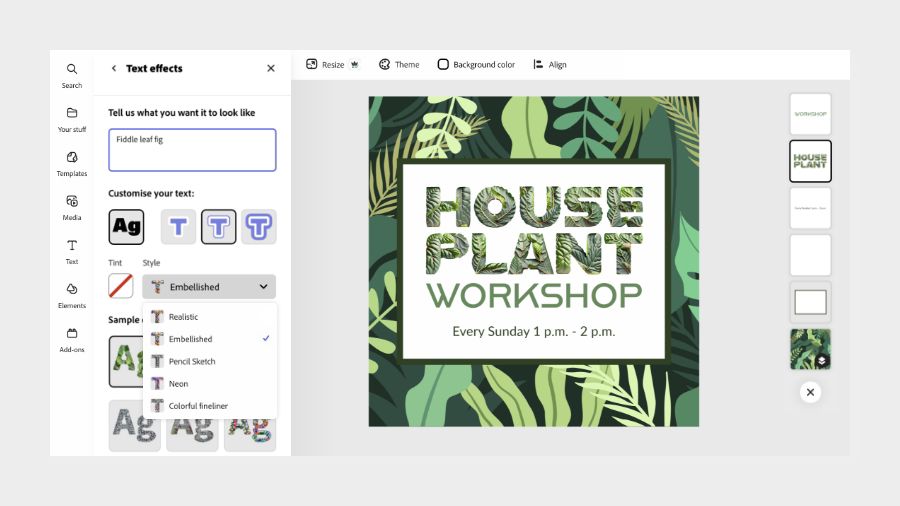 A tint and a style are selected along with the resulting image on the canvas in Adobe Express