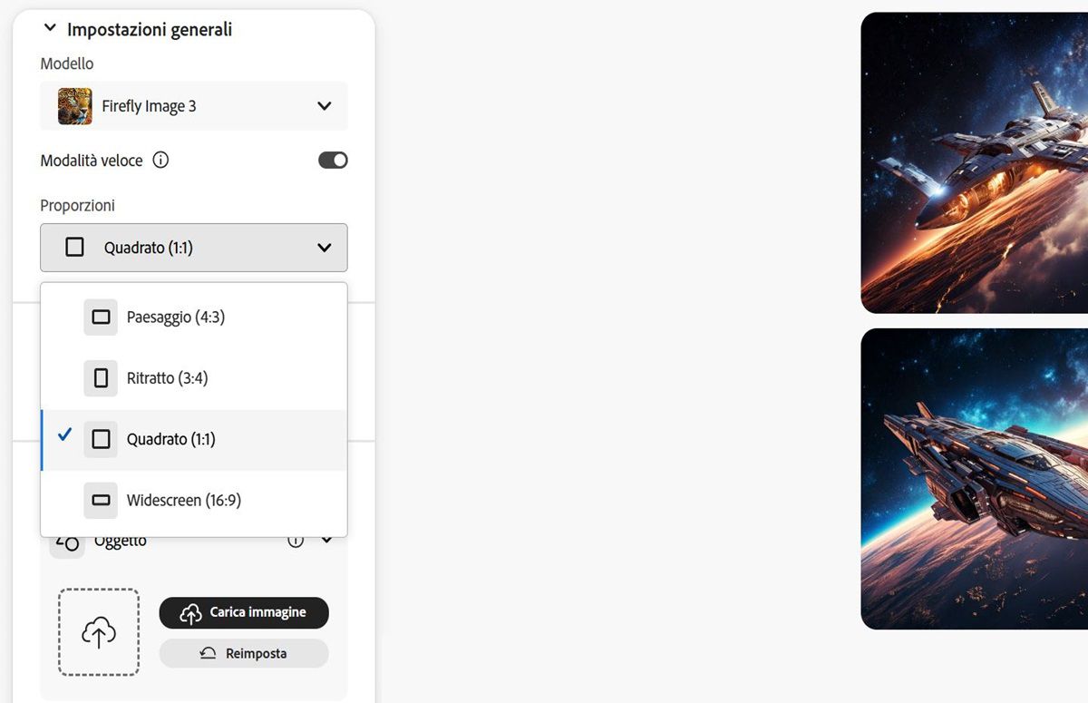 L'immagine mostra Firefly Image 3 selezionato per il tipo di modello e le proporzioni come Orizzontale (4:3) per l'immagine che deve essere generata utilizzando Firefly.