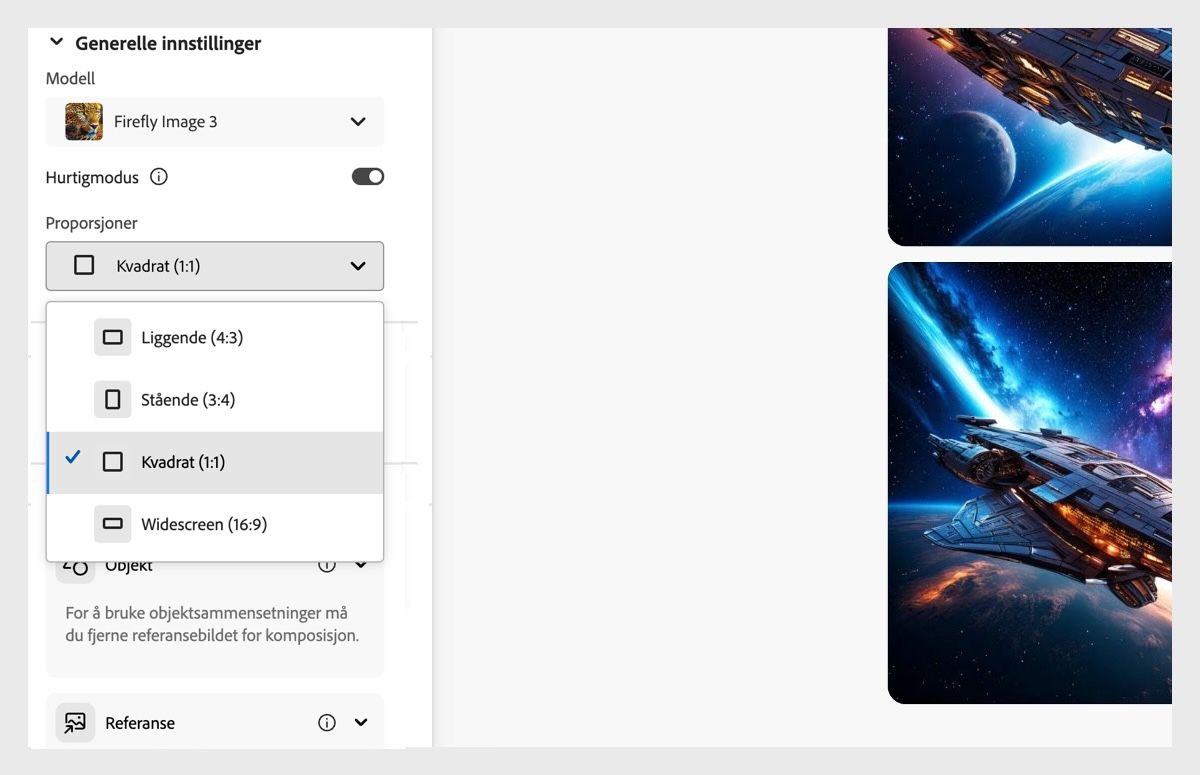 Bildet viser Firefly Image 3 valgt som modelltype, og proporsjonene som liggende format (4:3) for bildet som skal genereres ved hjelp av Firefly.