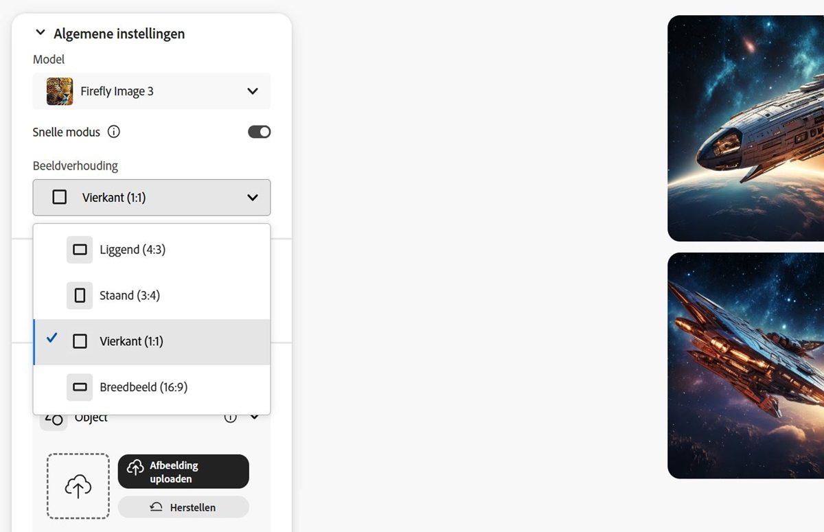 De afbeelding toont Firefly Image 3 die is geselecteerd voor het modeltype en de beeldverhouding Liggend (4:3) voor de afbeelding die met Firefly moet worden gegenereerd.