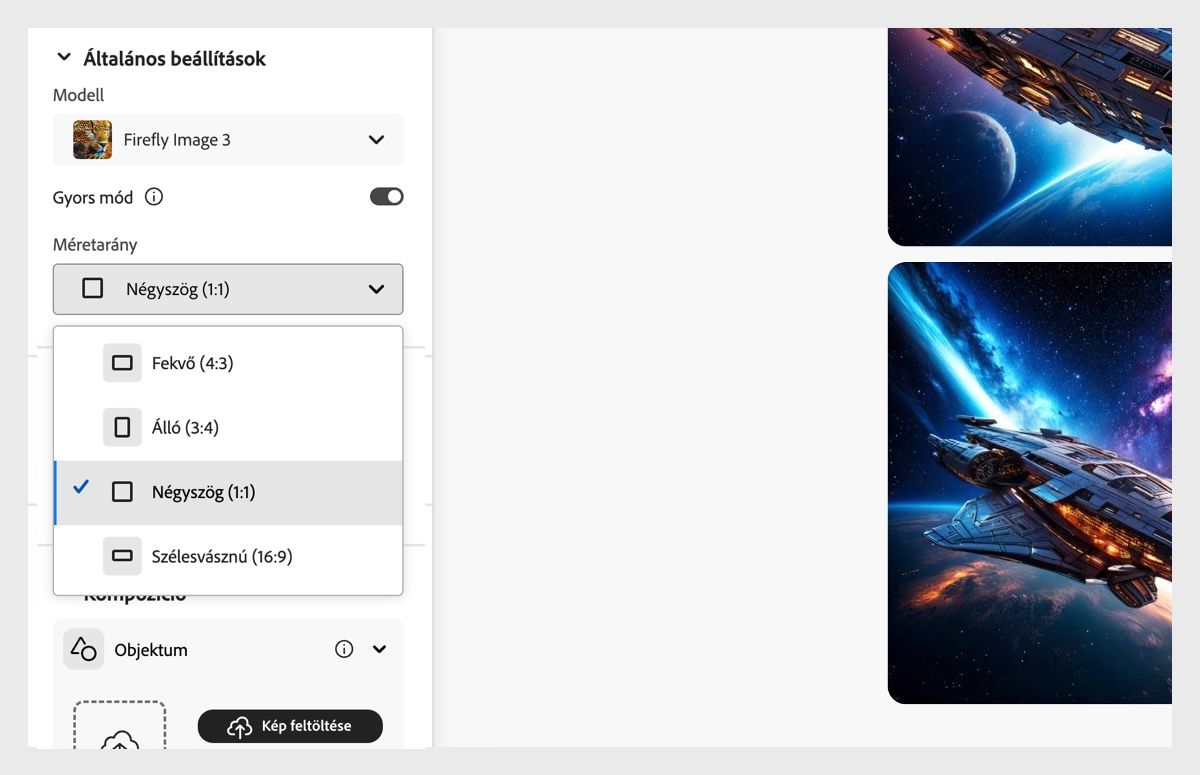 A képen a Firefly Image 3 van kiválasztva a modelltípushoz, a méretarány pedig Fekvő (4:3) a Firefly segítségével létrehozandó képhez.