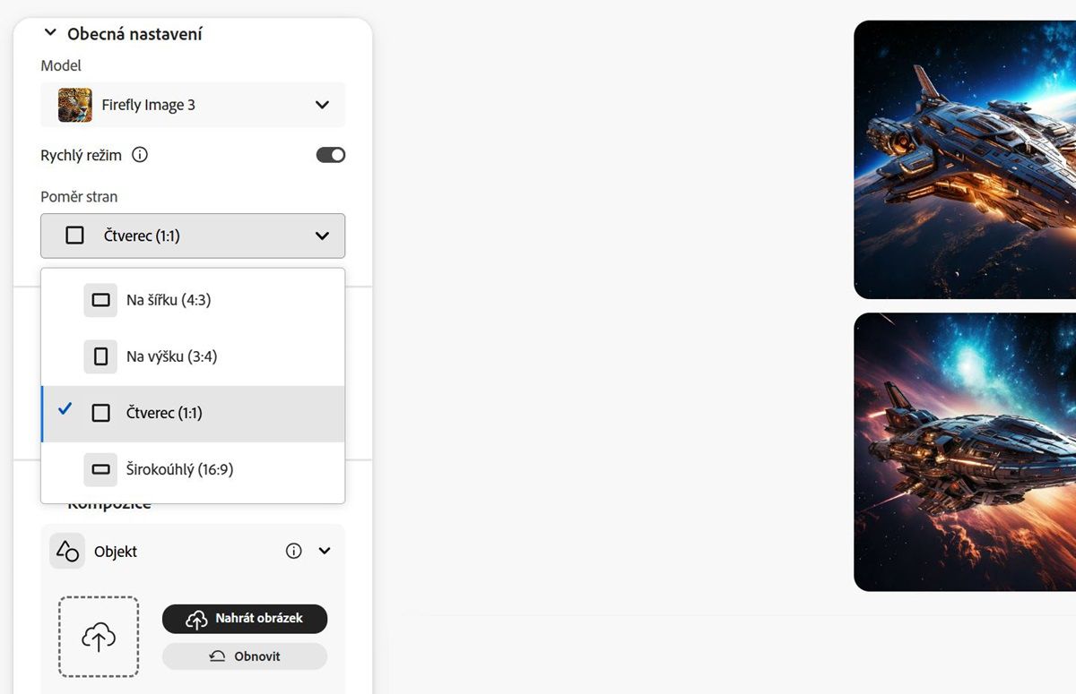 Na obrázku je vybraný typ modelu Firefly Image 3 a poměr stran Na šířku (4:3) pro obrázek, který má být vygenerován pomocí Firefly.