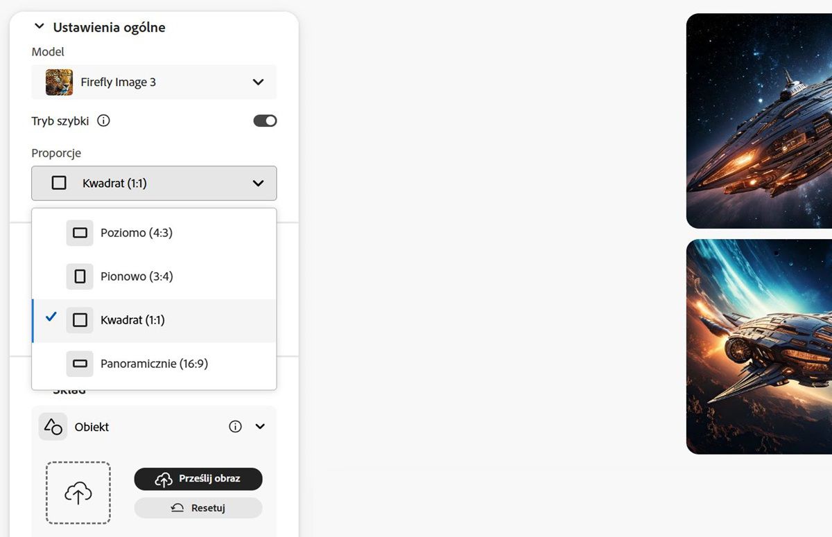 Obraz pokazuje, że dla typu modelu wybrano opcję Firefly Image 3, a dla obrazu, który ma zostać wygenerowany przy użyciu funkcji Firefly, wybrano proporcję Poziomo (4:3).
