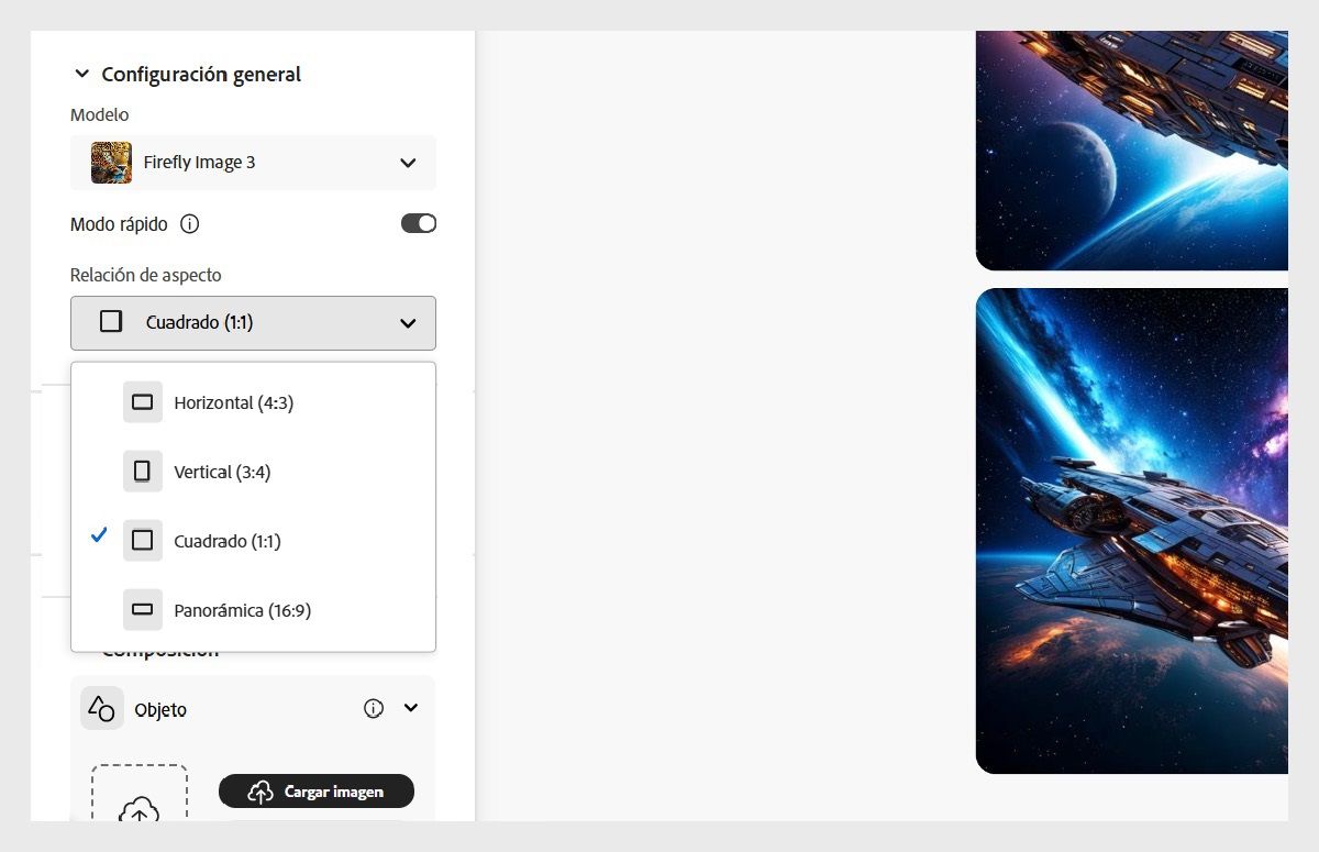 La imagen muestra el modelo Firefly Image 3 seleccionado para el tipo de modelo y la relación de aspecto como Horizontal (4:3) para la imagen que se va a generar con Firefly.