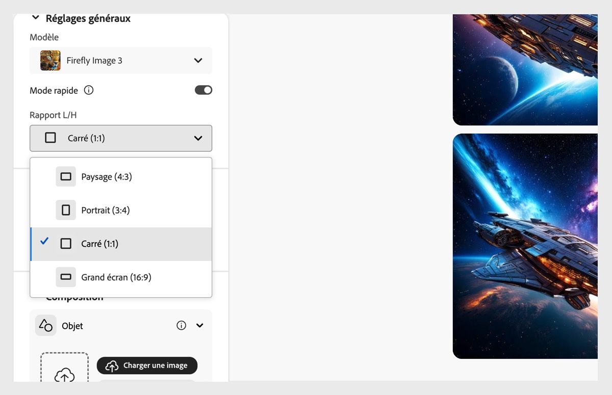 Dans la figure, le type de modèle Firefly Image 3 et le rapport L/H Paysage (4:3) sont sélectionnés pour l’image à générer à l’aide de Firefly.