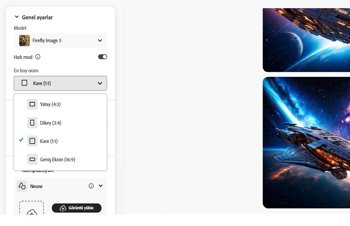 Görüntü, Firefly kullanılarak oluşturulacak görüntü için model türü olarak seçilen Firefly Image 3 ve Yatay (4:3) en boy oranını gösterir.