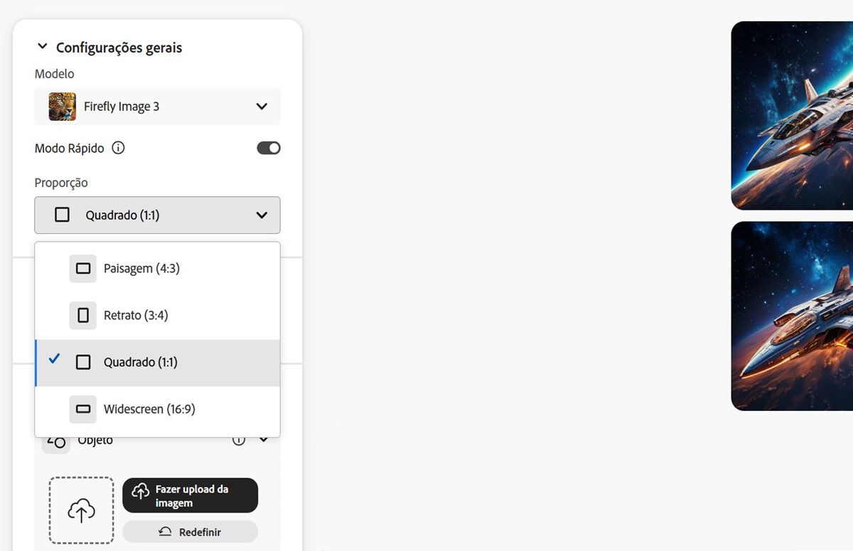 A imagem mostra o Firefly Image 3 selecionado para o tipo de modelo e a proporção como Paisagem (4:3) para a imagem que será gerada usando o Firefly.