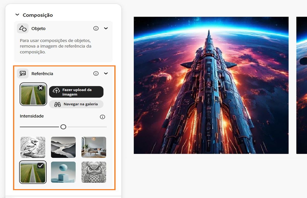 Na seção Composição, uma imagem de referência é carregada e a barra de força também é configurada para influenciar as variações de imagem geradas.