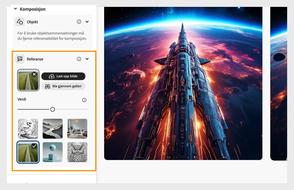 Under Komposisjon-delen lastes det opp et referansebilde, og verdilinjen konfigureres også til å påvirke de genererte bildevariasjonene.