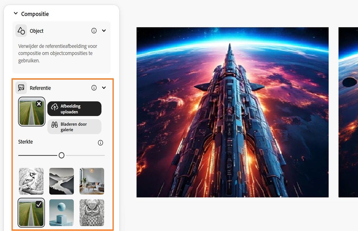 Onder het gedeelte Compositie wordt een referentieafbeelding geüpload en wordt de sterktebalk ook geconfigureerd om de gegenereerde afbeeldingsvariaties te beïnvloeden.