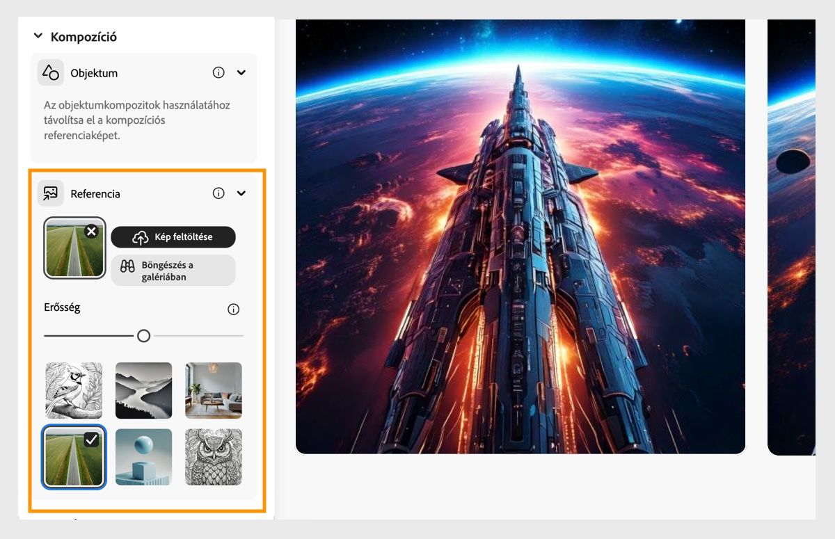 A Kompozíció területen egy referenciakép töltődik fel, és az erősség sáv is úgy van konfigurálva, hogy befolyásolja a létrehozott képváltozatokat.