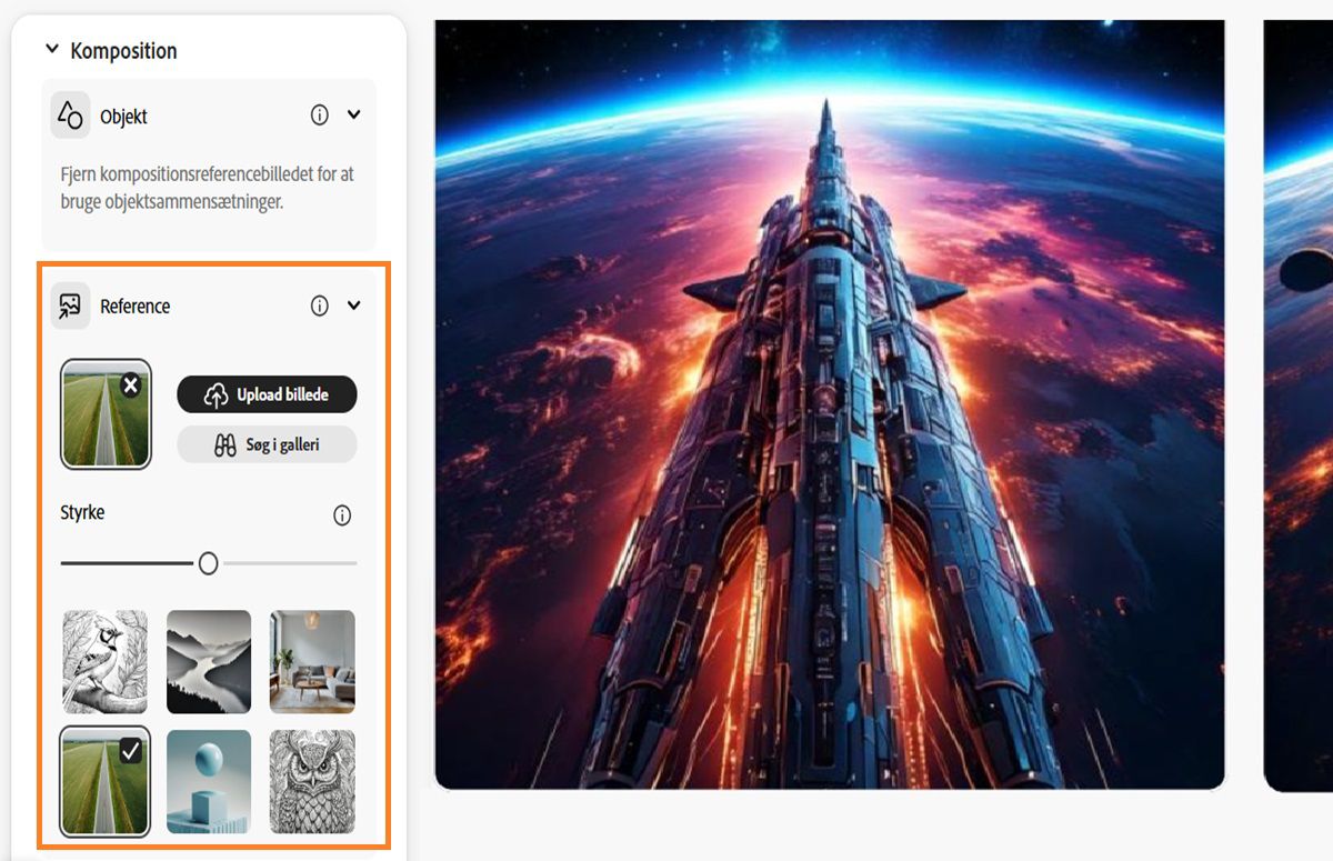 I sektionen Komposition uploades et referencebillede, og styrkebjælken er også konfigureret til at påvirke de genererede billedvariationer.