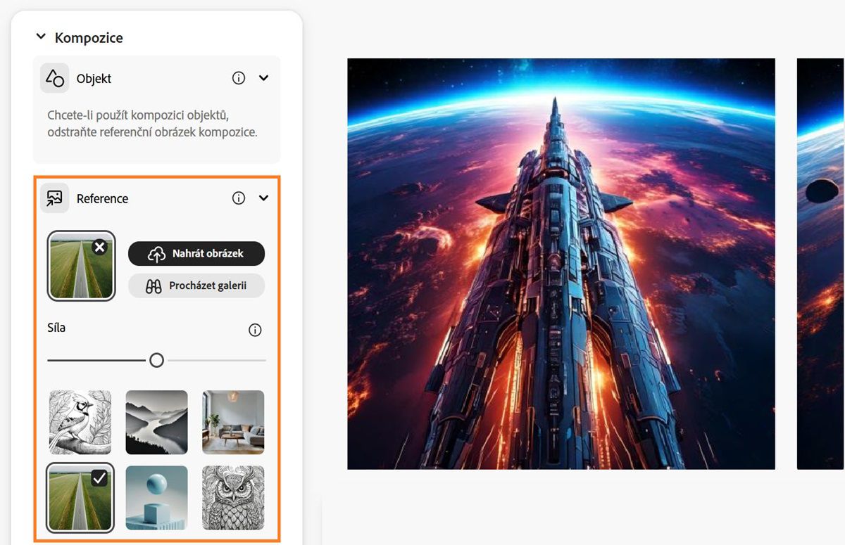V části Kompozice se nahraje referenční obrázek a lišta síly je také nakonfigurována tak, aby ovlivnila generované variace obrázku.