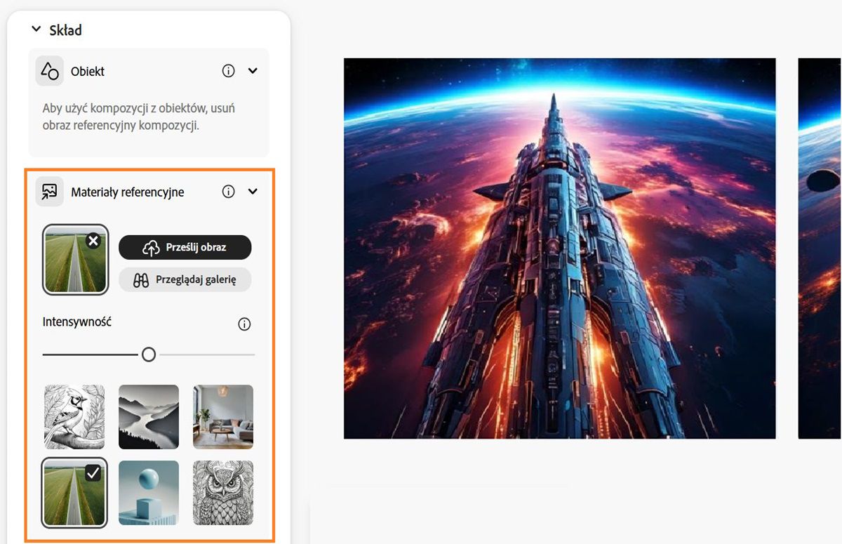 W sekcji Kompozycja przesyłany jest obraz referencyjny, a pasek intensywności jest również skonfigurowany tak, aby wpływał na warianty generowanego obrazu.