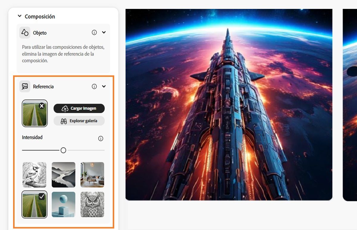 En la sección Composición, se carga una imagen de referencia y el regulador Intensidad también se configura para influir en las variaciones de imagen generadas.
