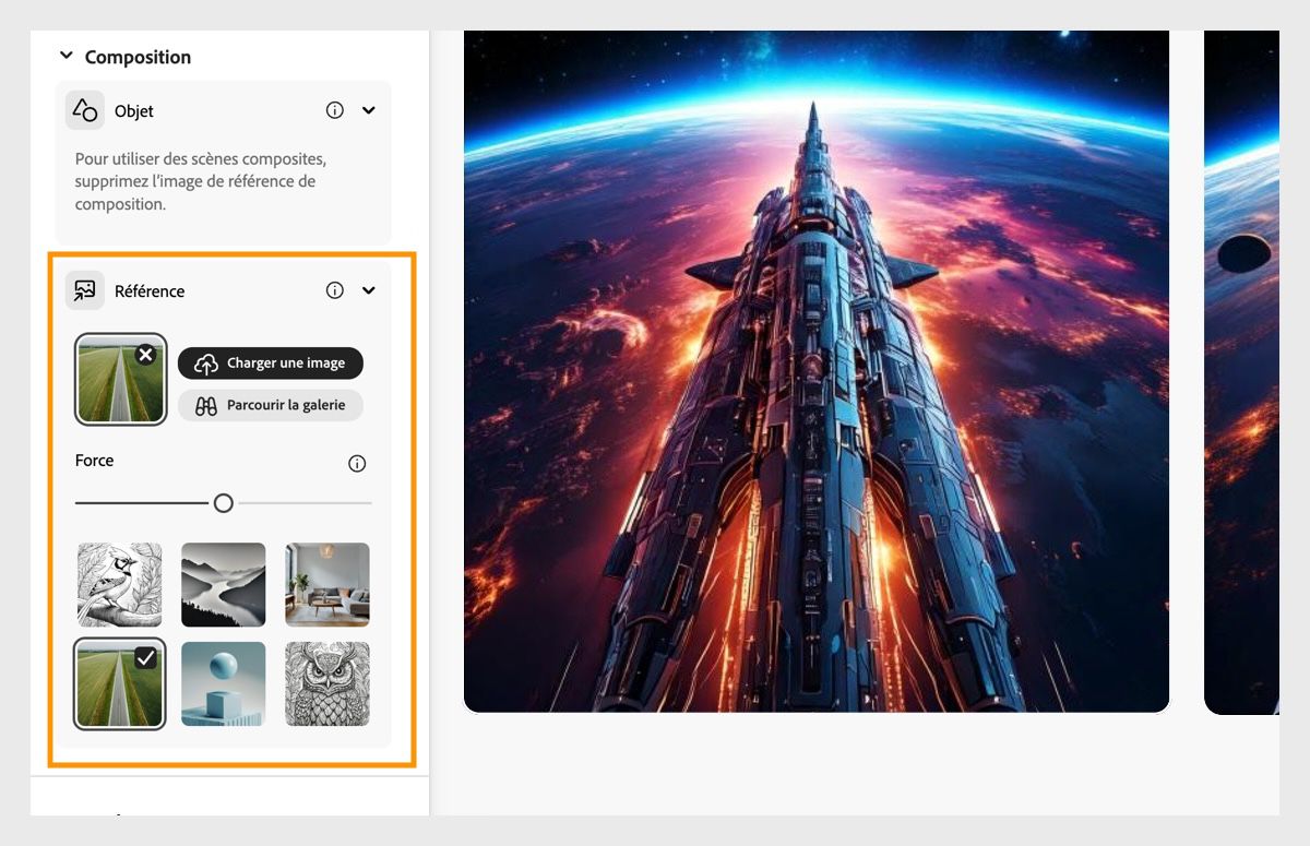 Dans la section Composition, une image de référence est chargée et la barre de force est également configurée pour influencer les variations d’image générées.
