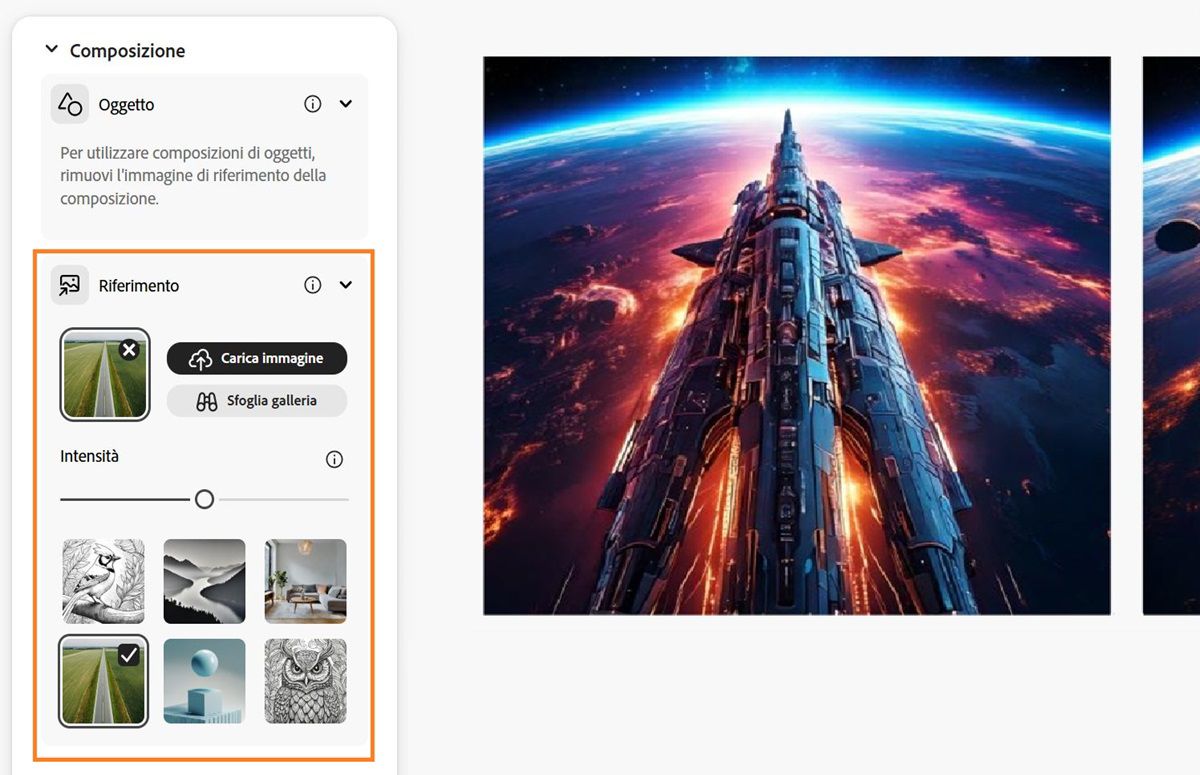 Nella sezione Composizione viene caricata un'immagine di riferimento e la barra di intensità viene configurata per influenzare le variazioni dell'immagine generata.