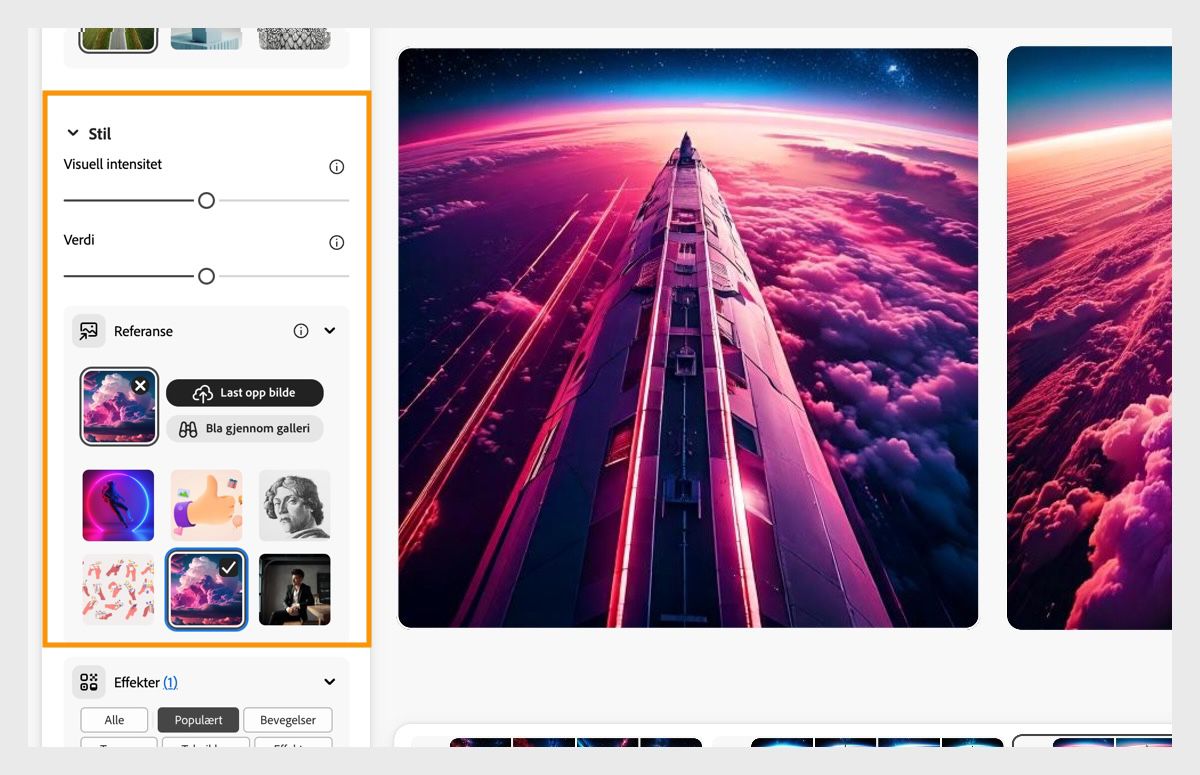Under Stil-delen lastes det opp et referansebilde. Glidebryterne Verdi og Visuell intensitet konfigureres også til å påvirke de genererte bildevariasjonene.