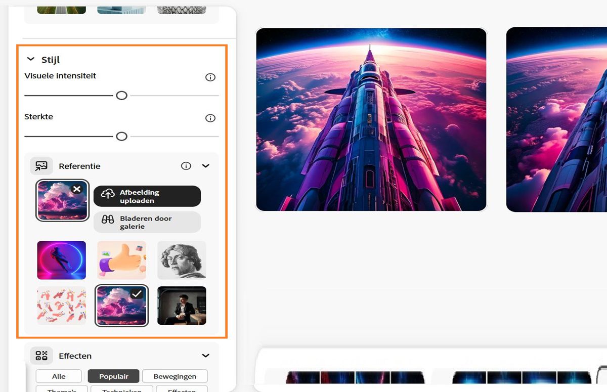 Onder het gedeelte Stijl wordt een referentieafbeelding geüpload. De sterktebalken en de visuele intensiteitsbalken worden ook geconfigureerd om invloed uit te oefenen op de gegenereerde afbeeldingsvariaties.