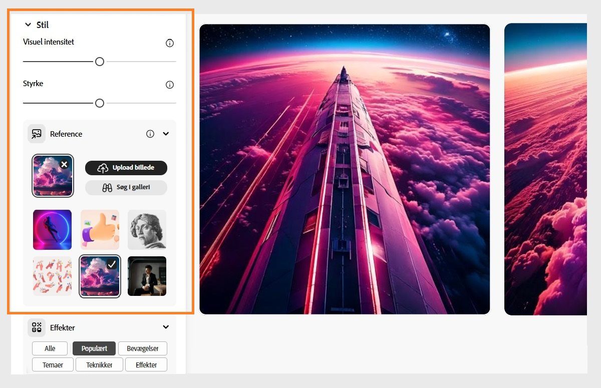I sektionen Stil uploades et referencebillede. Bjælkerne Styrke og Visuel intensitet er også konfigureret til at påvirke de genererede billedvariationer.