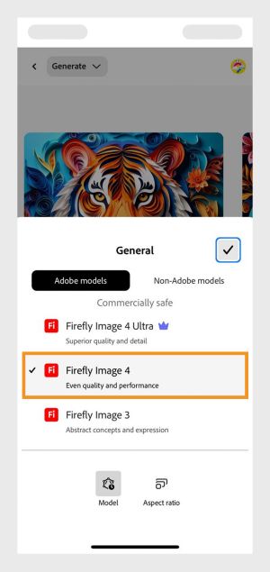 The Model dropdown menu is open and there are different Firefly image models listed. Currently, Firefly Image 4 is selected.
