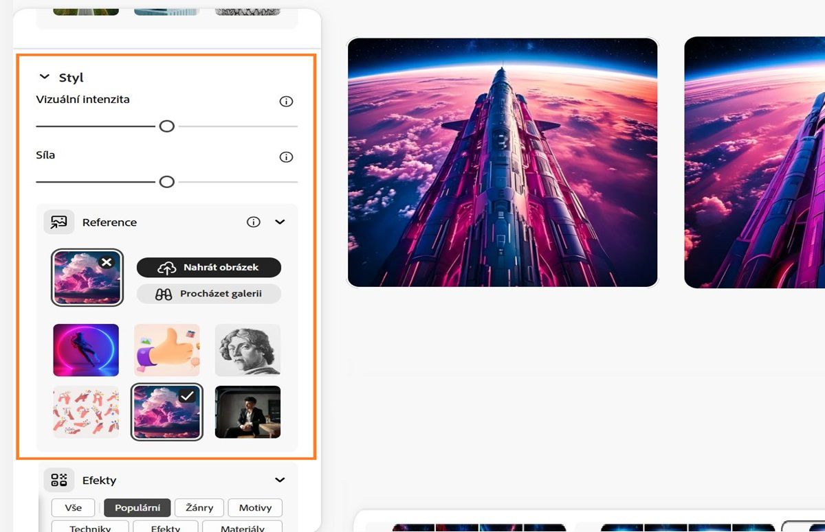V části Styl se nahraje referenční obrázek. Lišty Síla a Vizuální intenzita jsou také nakonfigurovány tak, aby ovlivnily generované variace obrázku.