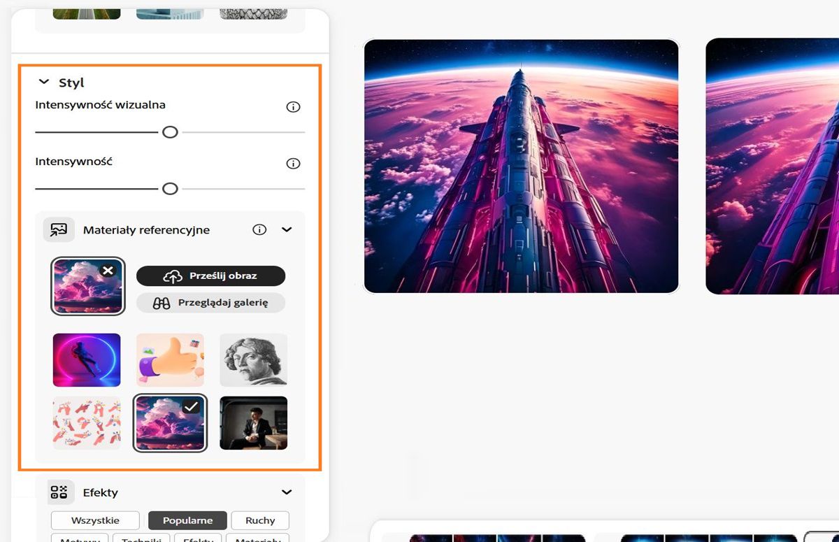 W sekcji Styl zostanie przesłany obraz referencyjny. Paski Intensywność i Intensywność wizualna zostały również skonfigurowane w taki sposób, aby wpływały na generowane warianty obrazu.