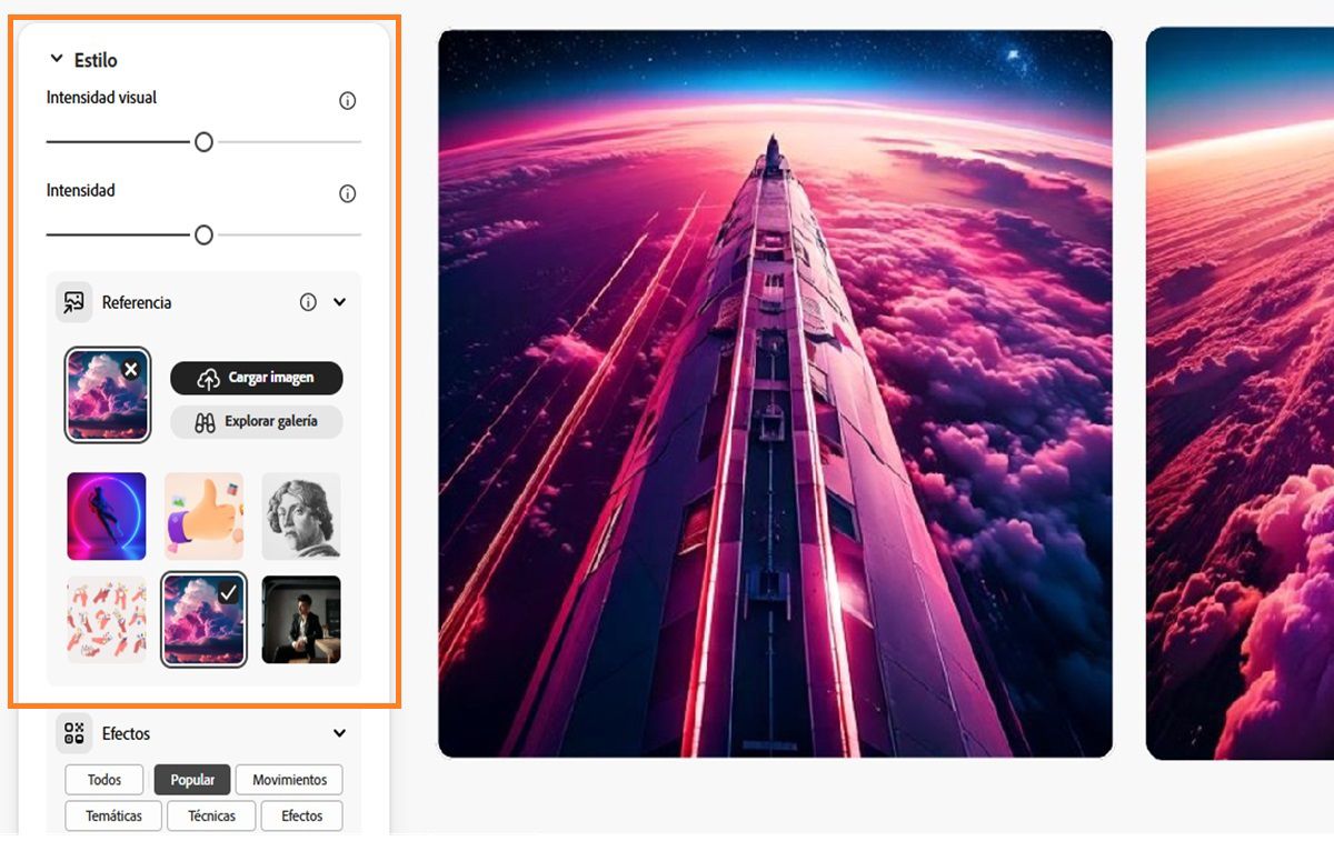 En la sección Estilo, se carga una imagen de referencia. Las barras Intensidad e Intensidad visual también se configuran para influir en las variaciones de imagen generadas.
