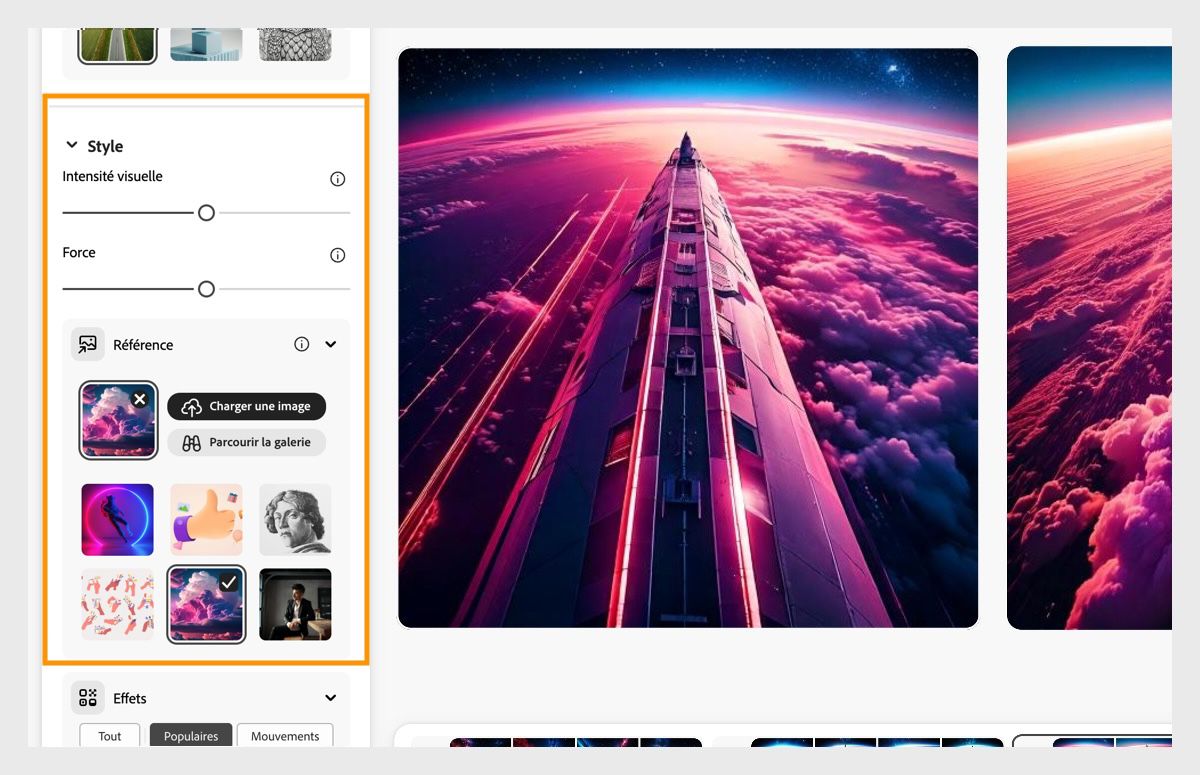 Dans la section Styles, une image de référence est chargée. Les barres Force et Intensité visuelle sont également configurées pour influencer les variations d’image générées.
