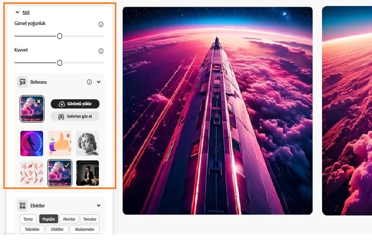 Stil bölümünün altında bir referans görüntü yüklenir. Kuvvet ve Görsel Yoğunluk çubukları da oluşturulan görüntü çeşitlemelerini etkileyecek şekilde yapılandırılır.