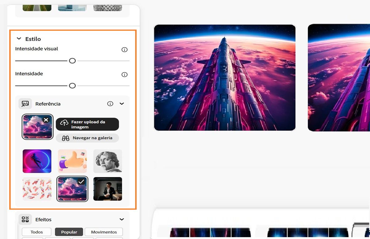 Na seção Estilo, uma imagem de referência é carregada. As barras Intensidade e Intensidade visual também são configuradas para influenciar as variações de imagem geradas.