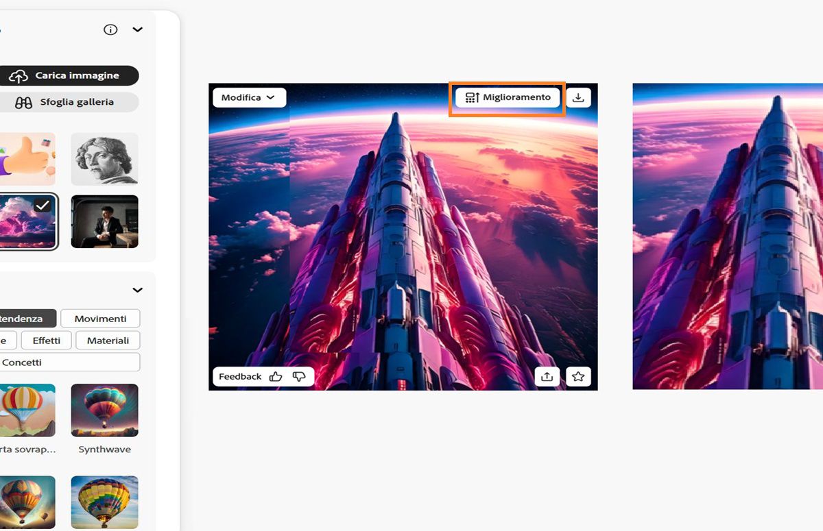 Sono visualizzate le variazioni dell'immagine generata e, per l'immagine selezionata, sono disponibili alcune opzioni come ingrandimento, download, modifica e altre ancora.