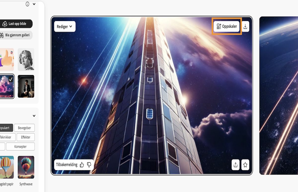 De genererte bildevariasjonene vises, og for det valgte bildet har du alternativer som oppskalering, nedlasting, redigering og mer.