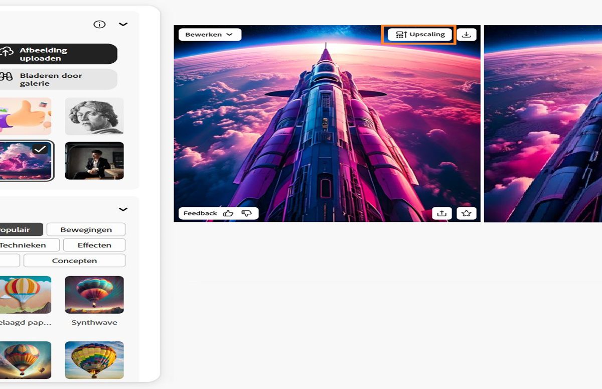 De gegenereerde afbeeldingsvariaties worden weergegeven. Voor de geselecteerde afbeelding heb je opties zoals opschalen, downloaden, bewerken en meer.