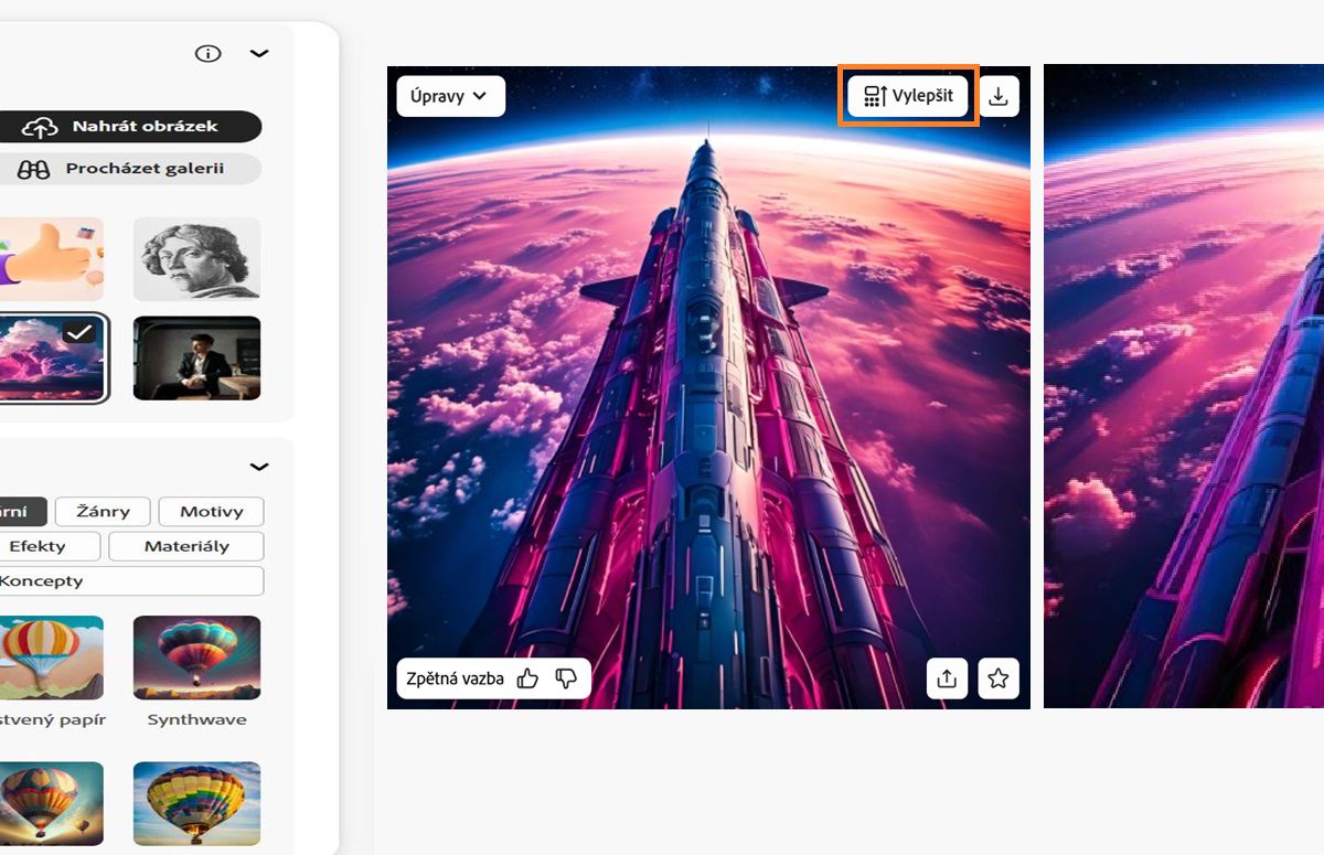 Zobrazí se vygenerované varianty obrázků a pro vybraný obrázek máte k dispozici možnosti, jako je vylepšení, stažení, úprava a další.
