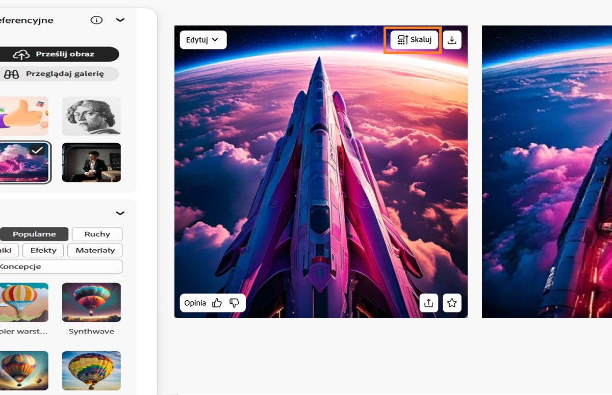 Wygenerowane warianty obrazu są wyświetlane, a dla wybranego obrazu dostępne są opcje takie jak skalowanie, pobieranie, edycja i inne.