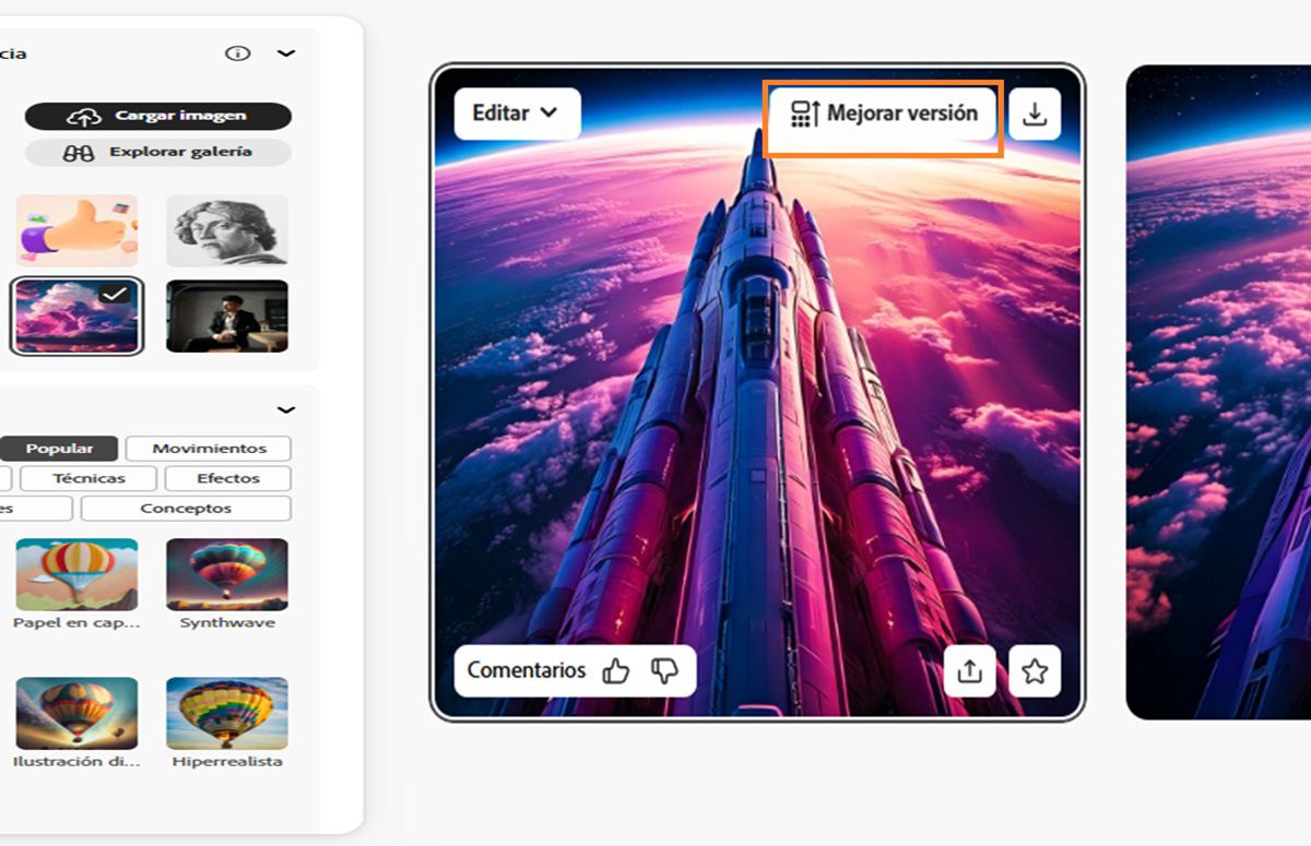Se muestran las variaciones de imágenes generadas y, para la imagen seleccionada, tiene opciones como Mejorar versión, Descargar, Editar, etc.