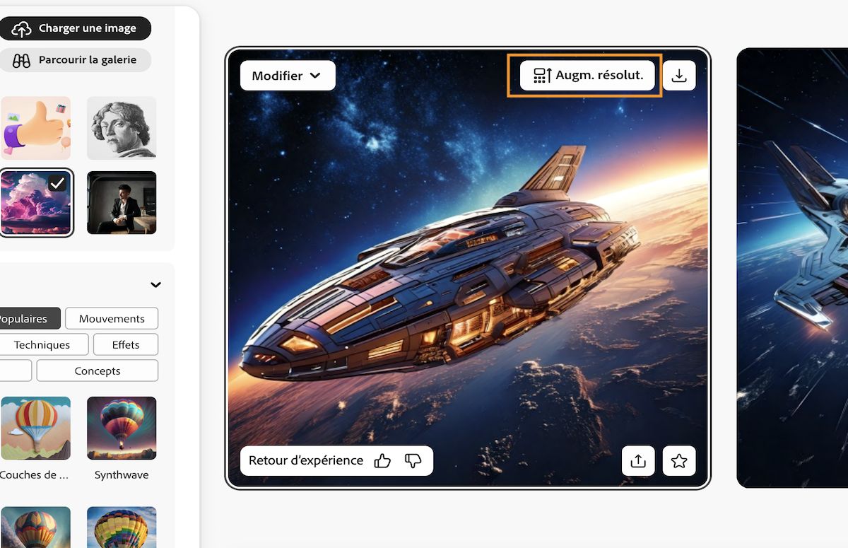 Les variations d’image générées sont affichées et, pour l’image sélectionnée, vous disposez d’options telles que Modifier, Télécharger et Augmenter la résolution.