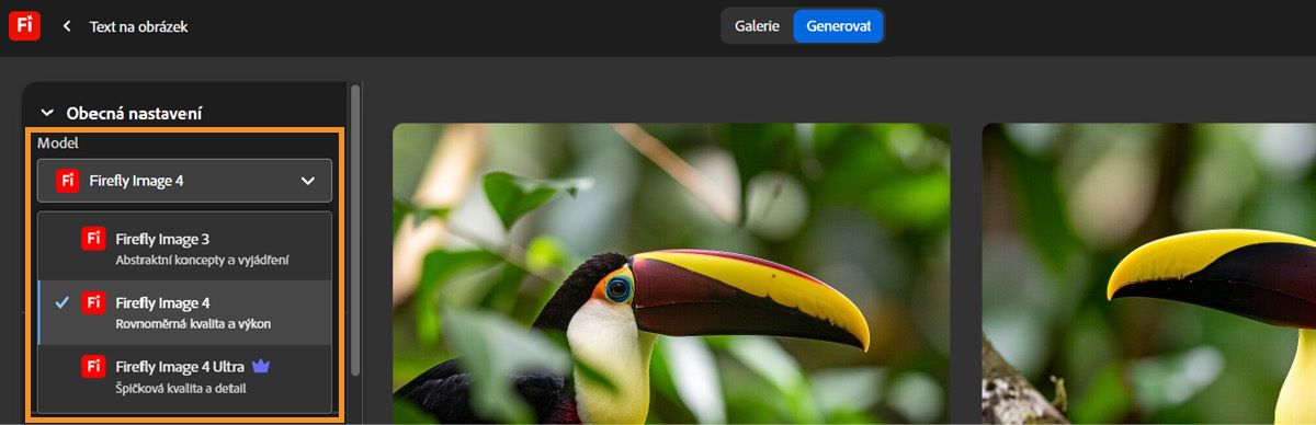 Otevře se rozbalovací nabídka Model, kde jsou uvedeny různé modely obrázků Firefly. Aktuálně je vybrán model Firefly Image 4.