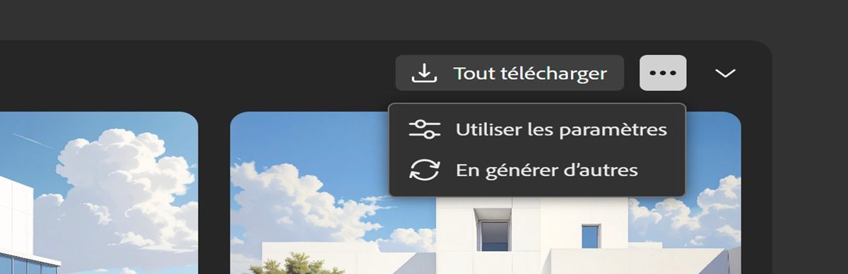 Dans la vue Liste, le menu est ouvert, ce qui vous permet d’utiliser les paramètres pour générer une nouvelle série de variations d’images et ré-exécuter le processus pour créer de nouvelles variations avec le même prompt et les mêmes paramètres.