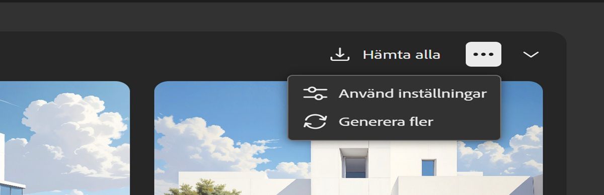 I listvyn är menyn öppen, så att du kan använda inställningar för att generera ytterligare en uppsättning bildvariationer och köra processen igen för att skapa nya variationer med samma beskrivning och inställningar.