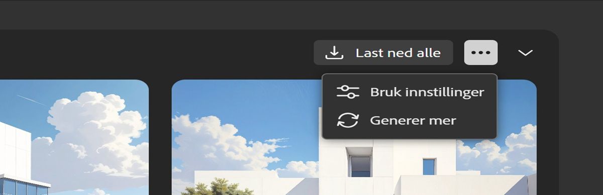 I listevisningen er menyen åpen, slik at du kan bruke innstillingene til å generere et nytt sett med bildevariasjoner og kjøre prosessen på nytt for å opprette nye variasjoner med samme hjelpetekst og innstillinger.