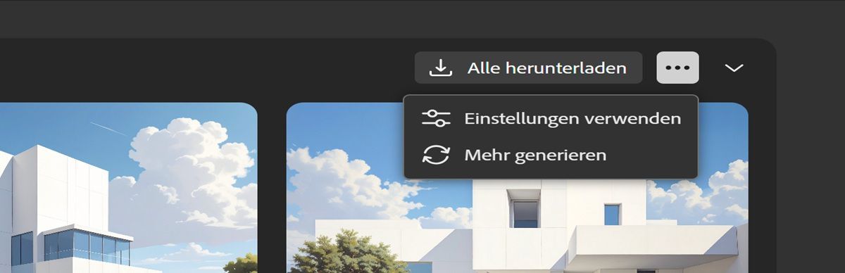 In der Listenansicht ist das Menü geöffnet, mit dessen Einstellungen du einen weiteren Satz von Bildvariationen generieren und den Prozess wiederholen kannst, um neue Variationen mit derselben Textbeschreibung und denselben Einstellungen zu erstellen.