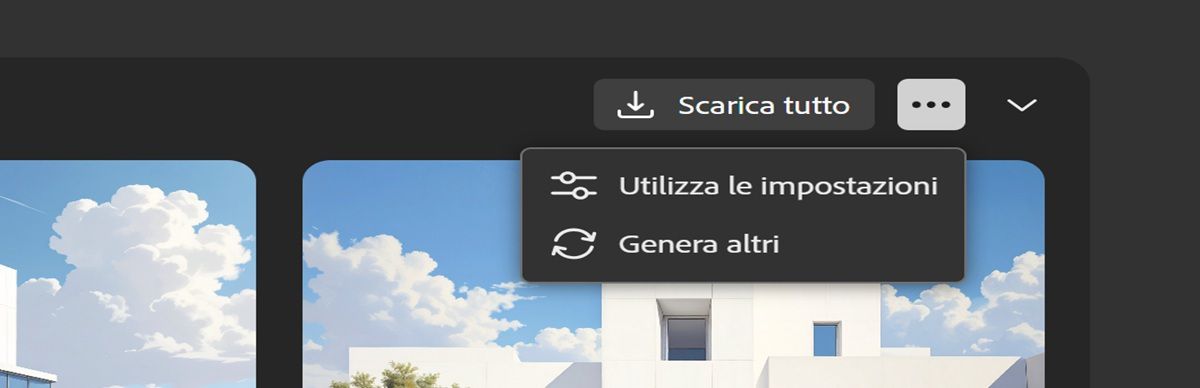 Il menu è aperto nella visualizzazione a elenco. Puoi utilizzare le impostazioni per generare un'altra serie di varianti dell'immagine ed eseguire di nuovo il processo per creare nuove varianti con lo stesso prompt e le stesse impostazioni.