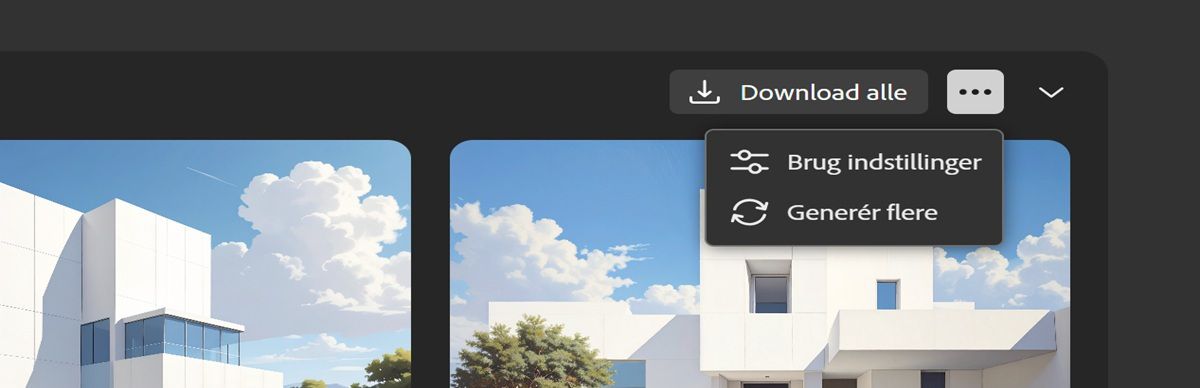 I listevisningen åbnes menuen, så du kan bruge indstillinger til at generere et andet sæt billedvariationer og køre processen igen for at oprette nye variationer med samme prompt og indstillinger.