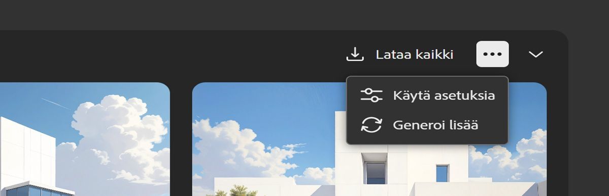 Luettelonäkymässä on valikko avattuna, ja voit generoida toisen kuvavariaatiosarjan käyttämällä asetuksia tai suorittaa prosessin uudelleen ja luoda uudet variaatiot samalla kehotteella ja samoilla asetuksilla.