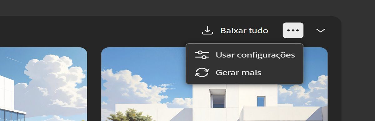 Na visualização em lista, o menu está aberto, permitindo usar as configurações para gerar outro conjunto de variações de imagem e executar novamente o processo para criar novas variações com o mesmo prompt e configurações.
